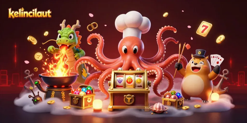 Engage with kelincilaut's vibrant casino scene displaying a sushi chef octopus at work with jackpot slots and festive characters.