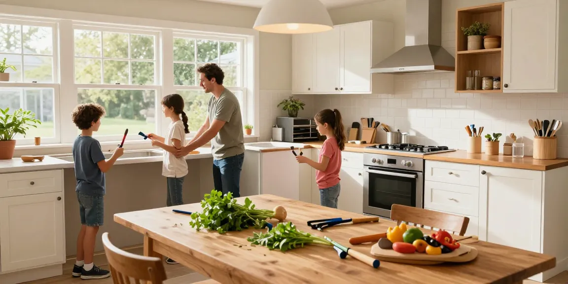 شراء مطابخ مستعملة بالرياض - Family joyfully transforming a kitchen with used components in a bright, inviting home.