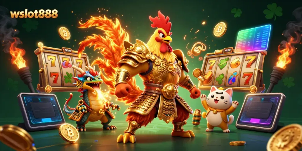 Raih jackpot dengan wslot888, simbol slot dan koin cryptocurrency bersinar!