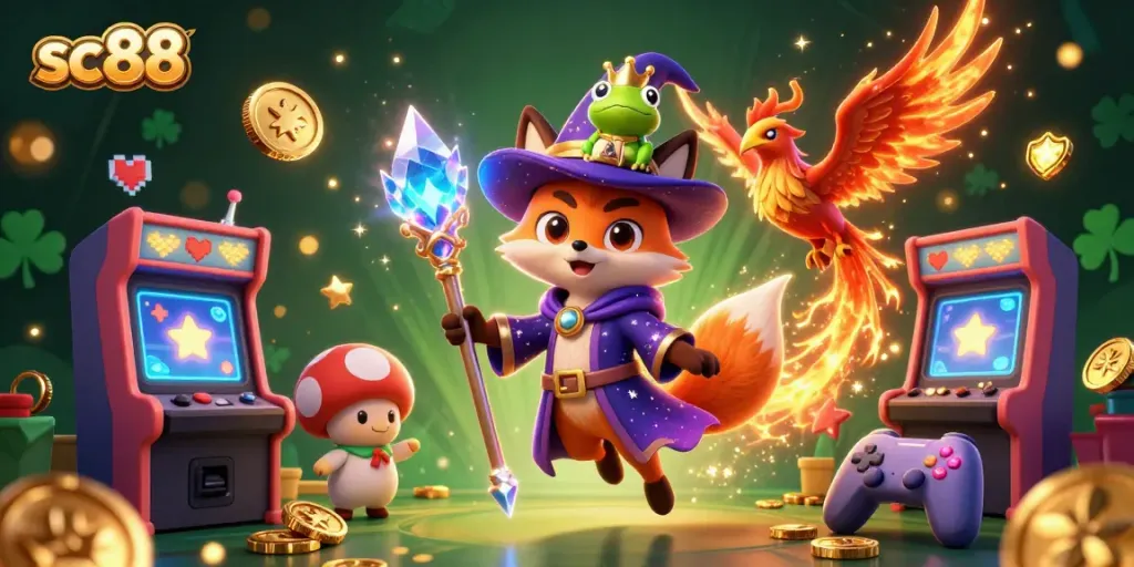 Engage with sc88 in a dynamic illustration featuring a mystical wizard fox, a phoenix companion, and enchanting casino game elements.
