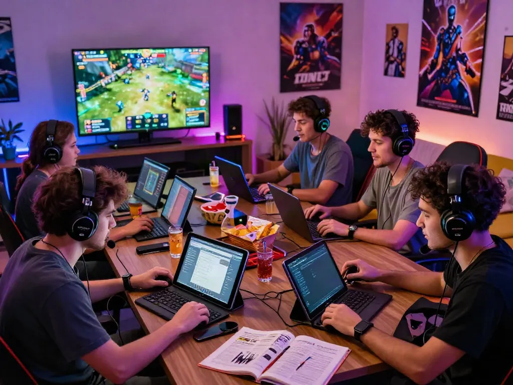 Cảnh gamer chơi n188 sôi động, nhóm người trẻ tuổi cùng nhau tham gia trò chơi trực tuyến với thiết bị đa dạng trong bối cảnh phòng khách thoải mái.