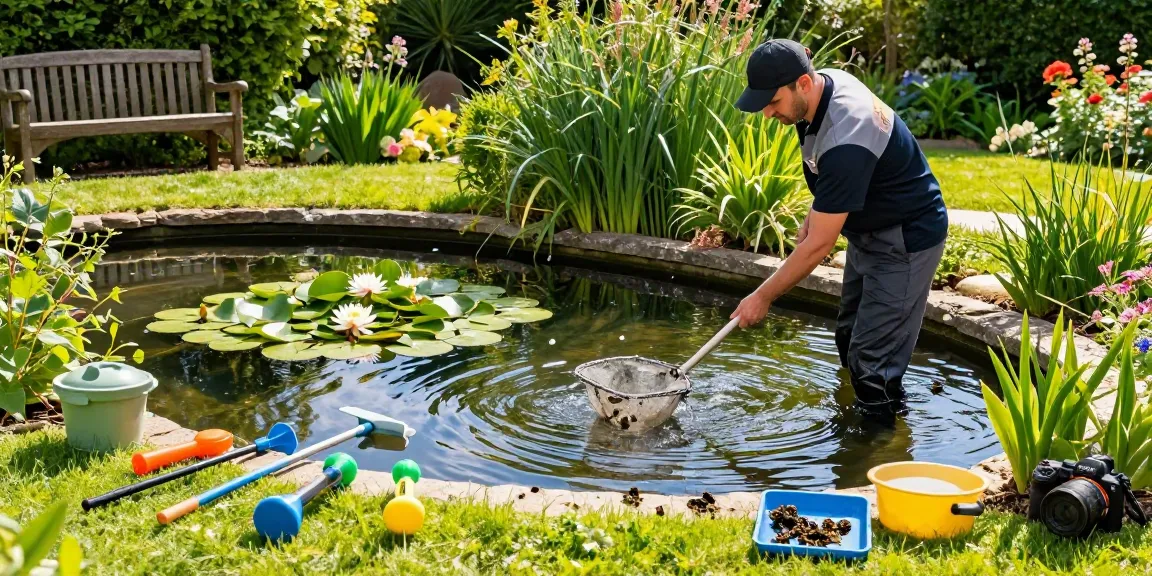 Pond Cleaning Essex expert removing debris from a clear pond in a lush garden setting.
