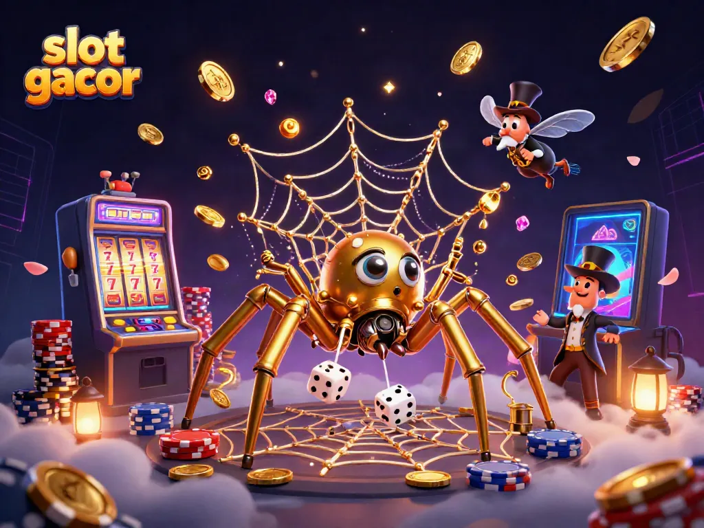 Mainkan slot gacor dengan slot reel, hiasan uang koin, dan karakter menarik di latar belakang.