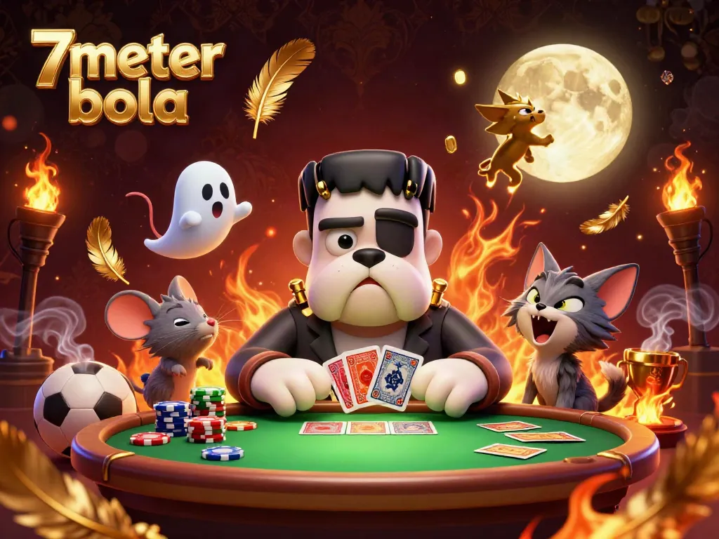Bet on 7meter bola with a lively scene featuring a bulldog monster dealing cards surrounded by dynamic betting elements.