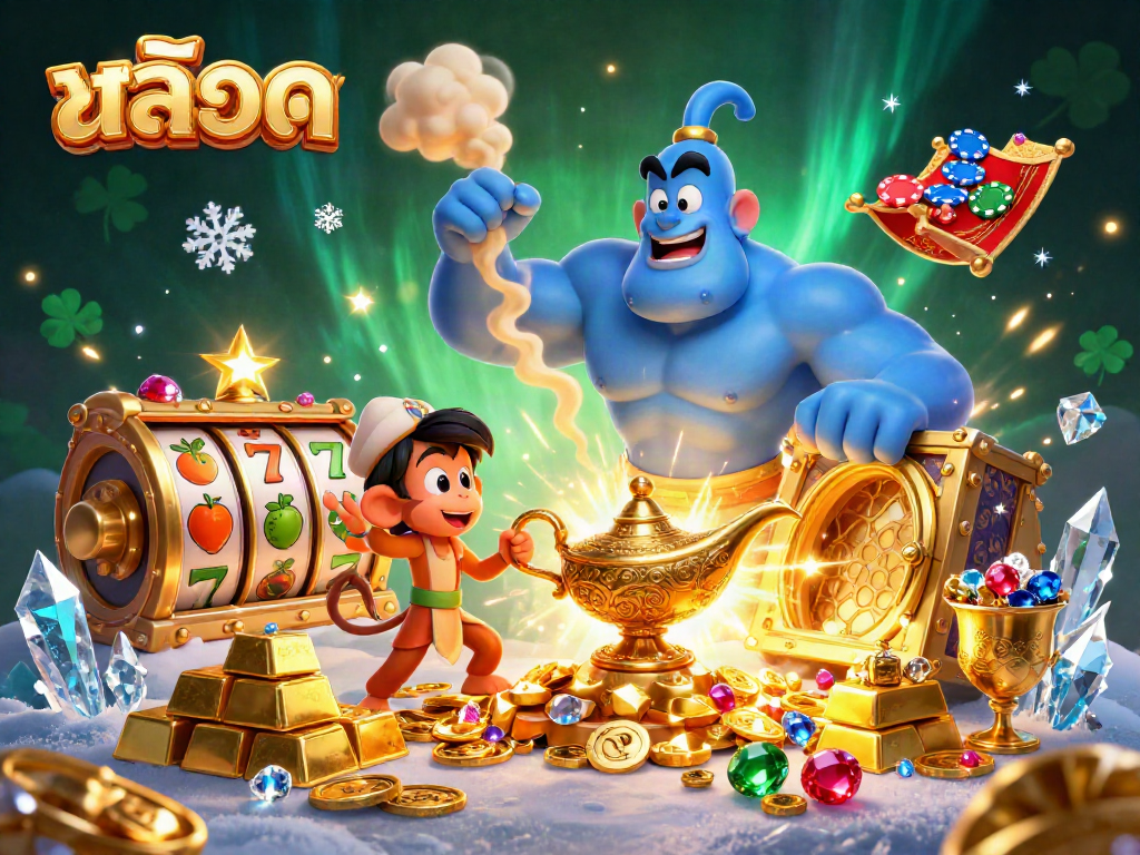 Engage with สล็อต slots games surrounded by a magical genie, treasures, and dynamic casino elements.