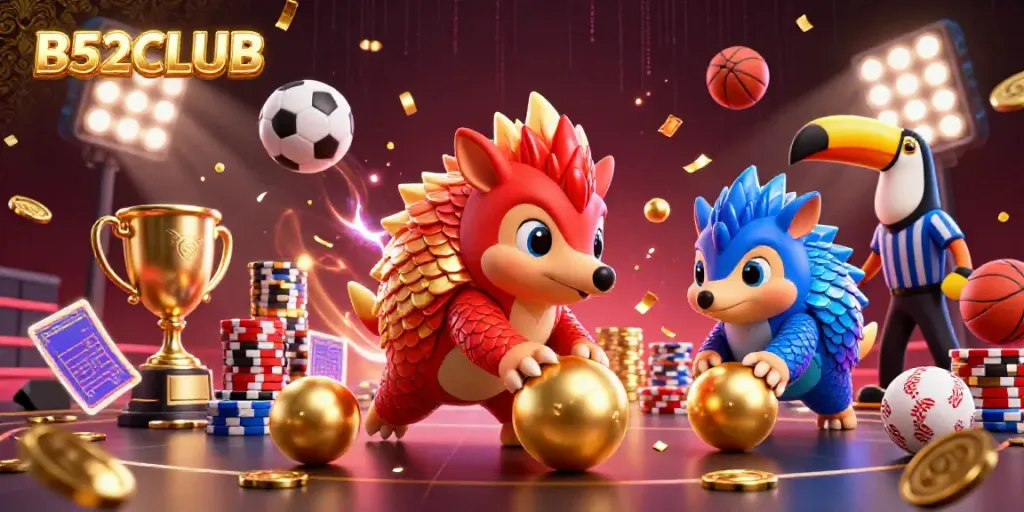 B52CLUB pangolins compete in a vibrant 3D casino scene filled with poker chips and sports elements.