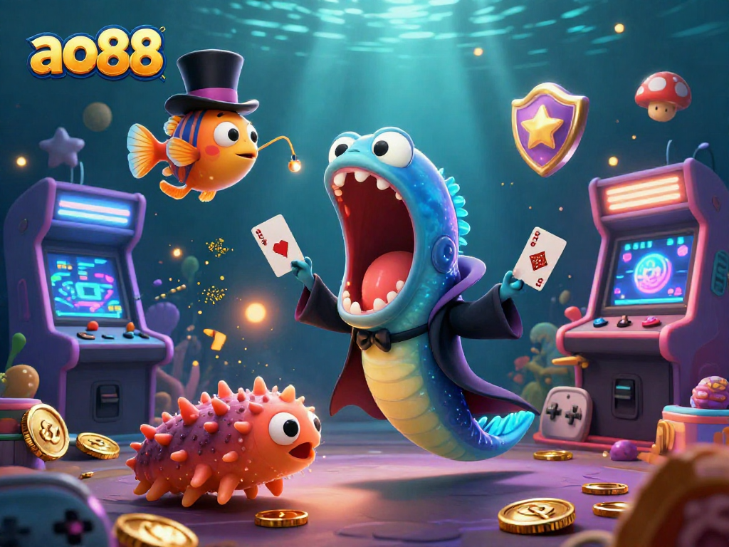 Experience gaming excitement with ao88's vibrant underwater casino scene featuring card tricks and glowing arcade machines.