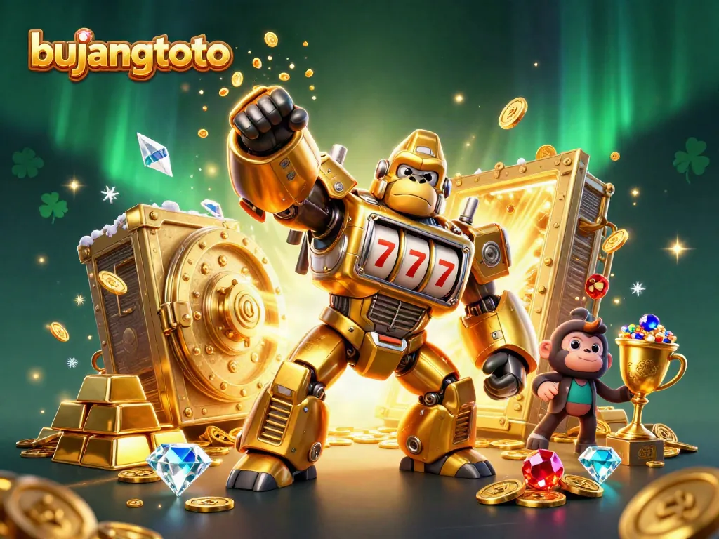 Engage with thrilling slots gameplay in bujangtoto, showcasing a golden gorilla mech surrounded by treasure and excitement.