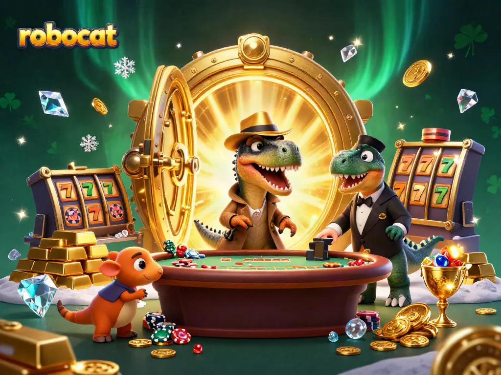 Experience the thrill of robocat gaming with quirky dinosaur characters at a vibrant blackjack table.