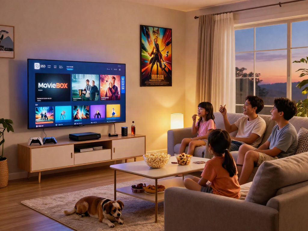 Family enjoying a cozy movie night with Moviebox streaming interface visible on the TV.