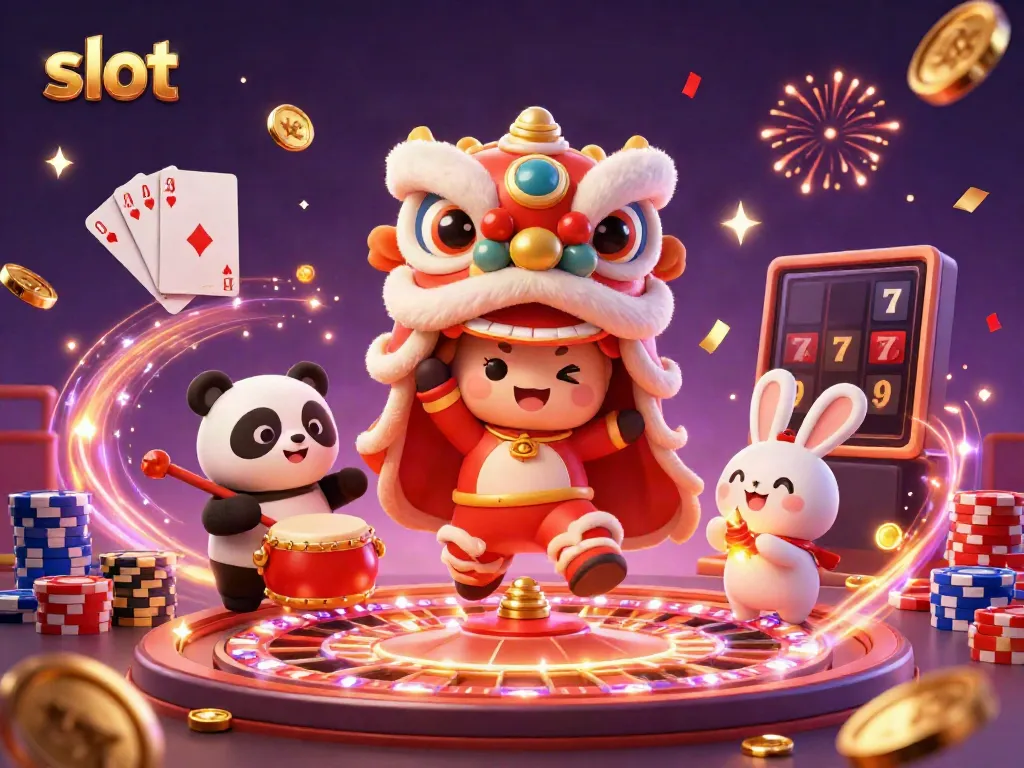 Experience the thrill of slot gameplay with a vibrant casino scene featuring lucky slots, gold coins, and festive characters.