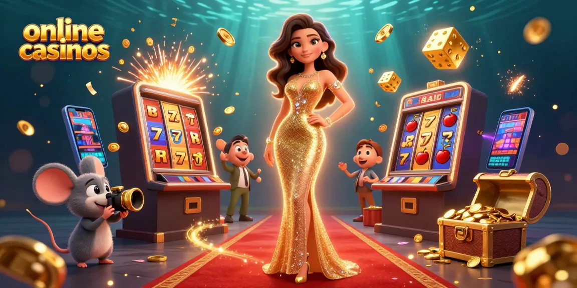 Experience thrilling online casinos with a glamorous woman, golden camera, and slot machine explosion of excitement.