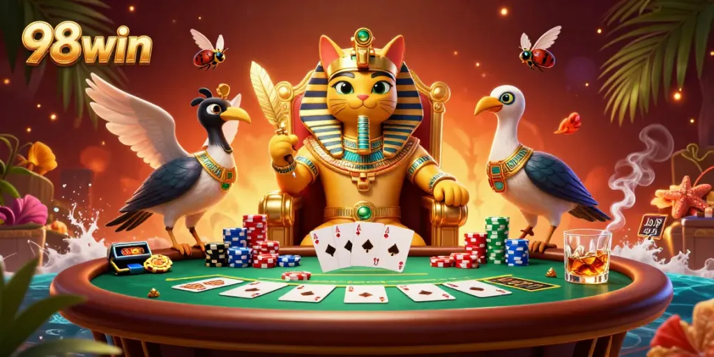Experience exciting gameplay with 98win at a vibrant poker table filled with colorful chips and iconic characters.