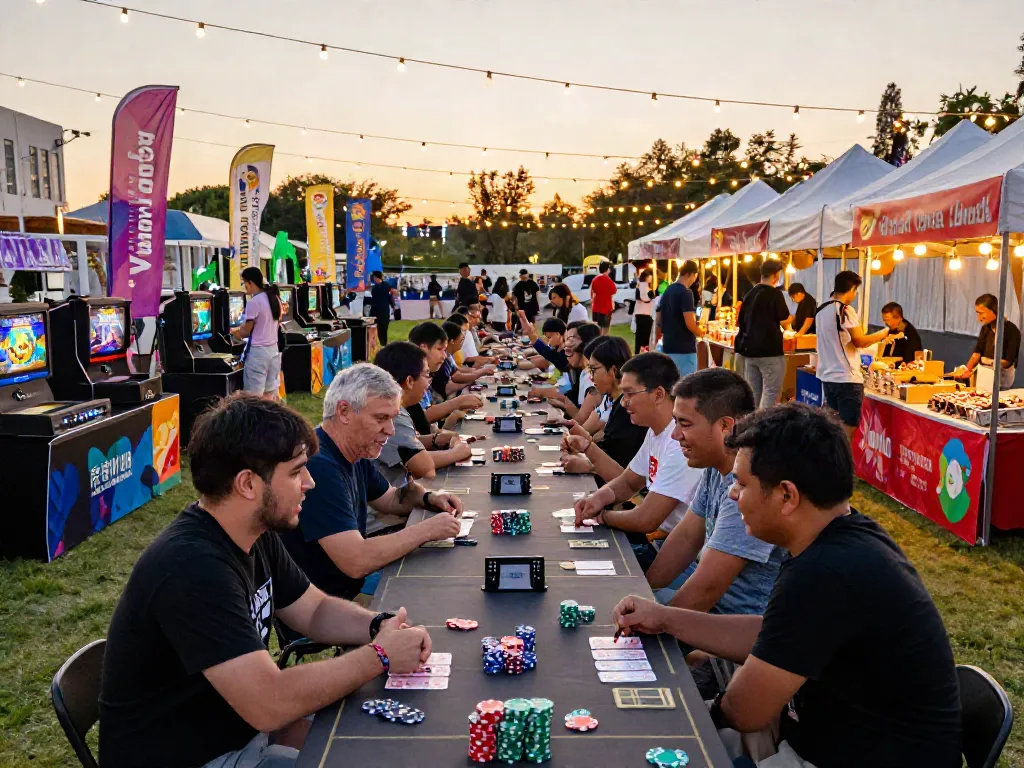 Koitoto gaming festival scene with players enjoying games under sunset.