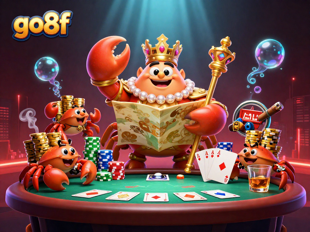 Engage with exciting games at go8f, featuring a vibrant casino scene with a golden crab emperor.