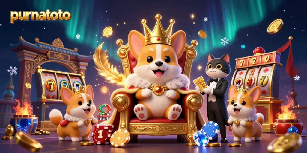 Permainan slot gacor beraksi di purnatoto, dengan corgi raja dan detail kasino yang menarik