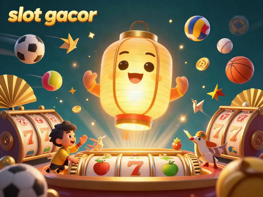 Slot gacor menampilkan karakter lampion emas raksasa dan simbol keberuntungan di kasino.
