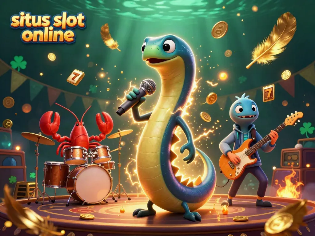 Menangkan permainan di situs slot online dengan gulungan slot dan simbol keberuntungan dalam ilustrasi kasino bawah laut.