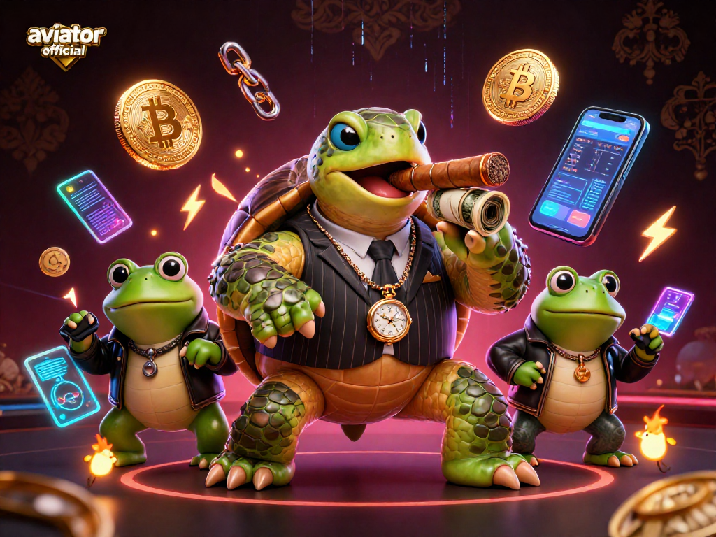 Aviator official showcases thrilling 3D casino action led by a turtle mobster, crypto coins, and vibrant visuals.