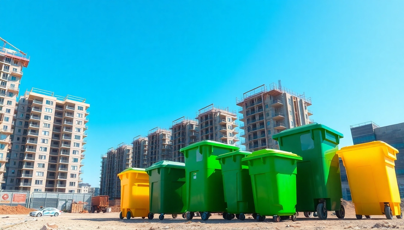 Efficient disposal bins rental setup showcasing various bin sizes on a construction site.