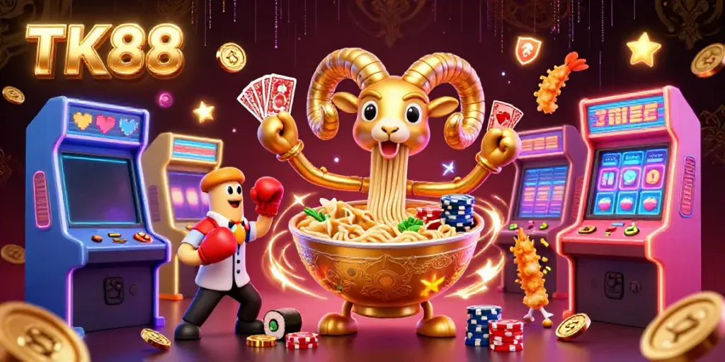 Experience a thrilling gaming scene at TK88 with vibrant characters and animated slot reels.
