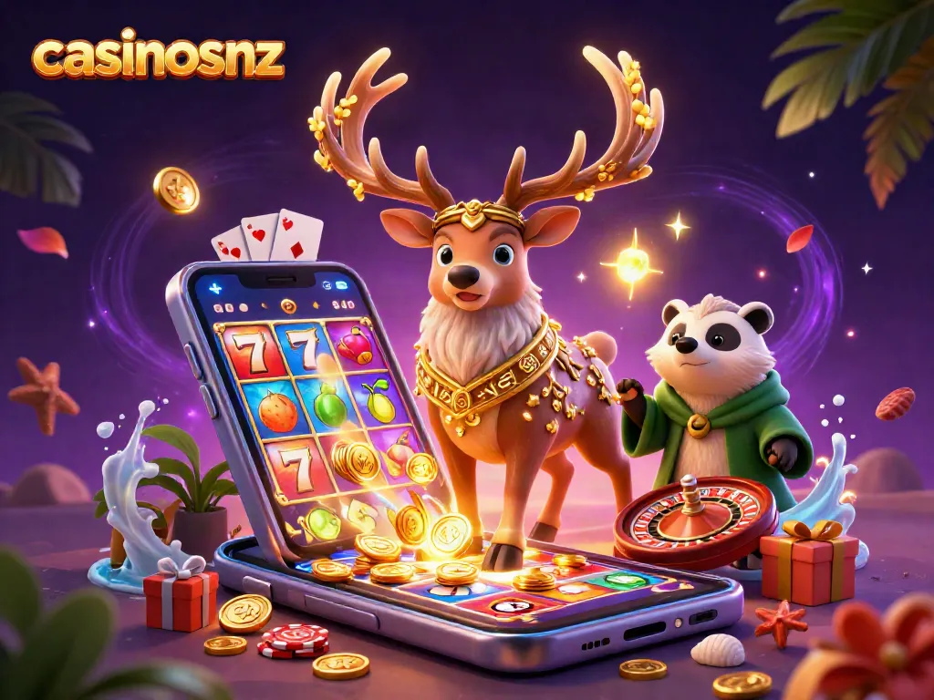 Elevate your gameplay at casinosnz with a vibrant scene of casino elements swirling around enchanted characters.