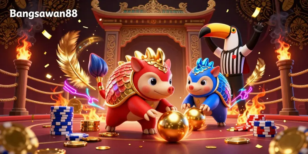 Bangsawan88 engages players in a vivid casino scene with pangolins and gaming elements.