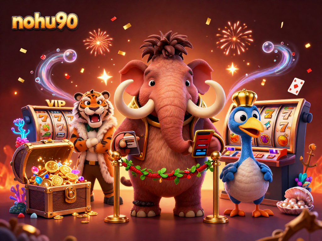 Experience the thrill of nohu90 as a mammoth bouncer checks IDs while slot reels spin!
