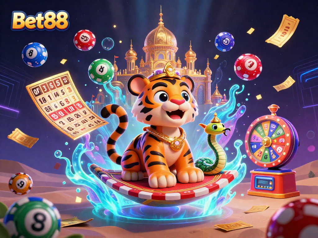 Engage with Bet88 in a vibrant online casino environment packed with game elements and lively colors.