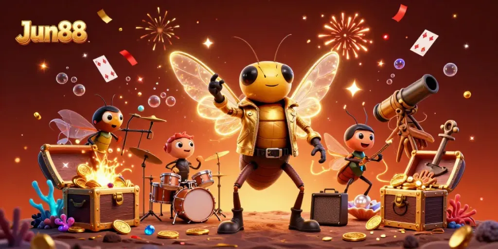 Experience the thrilling energy of Jun88 with a vibrant rock star scene featuring a cicada, beetle, and crickets amidst dynamic casino elements.