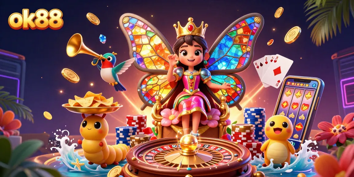 Win big with ok88 in this vibrant and dynamic casino-themed 3D illustration.