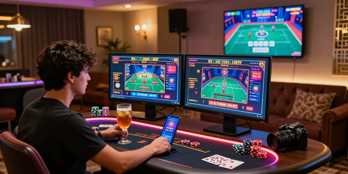 Permainan kasino online luxury12 dengan gamer di meja modern dan suasana mewah.
