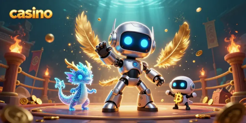 Engage in thrilling casino action with a futuristic robot and holographic dragon amidst dynamic gaming elements.