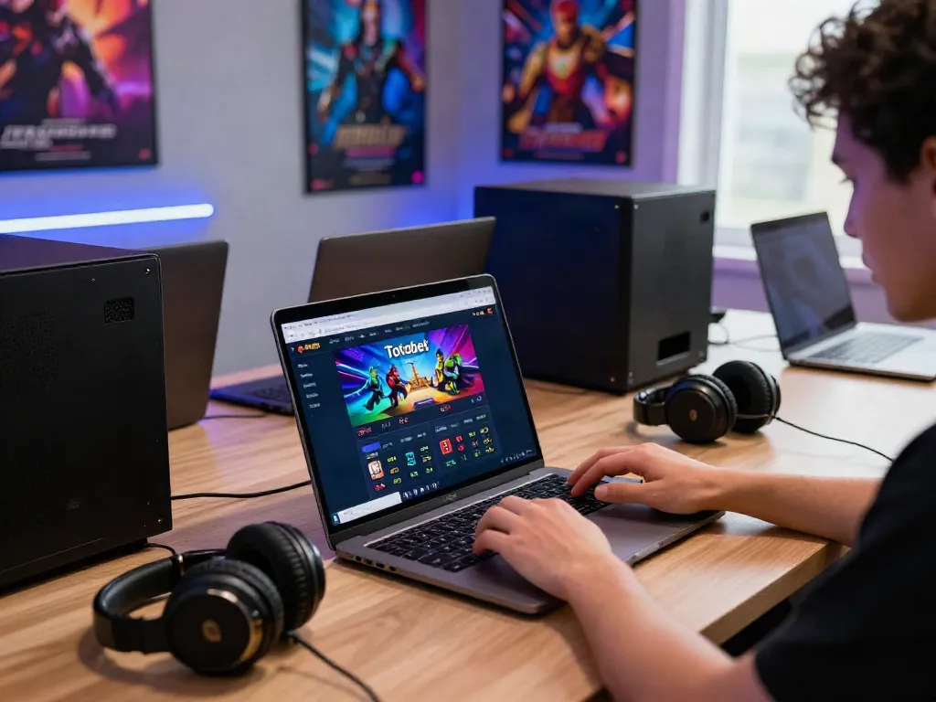 Gamer bersemangat menggunakan Totobet di laptop dalam suasana gaming modern.