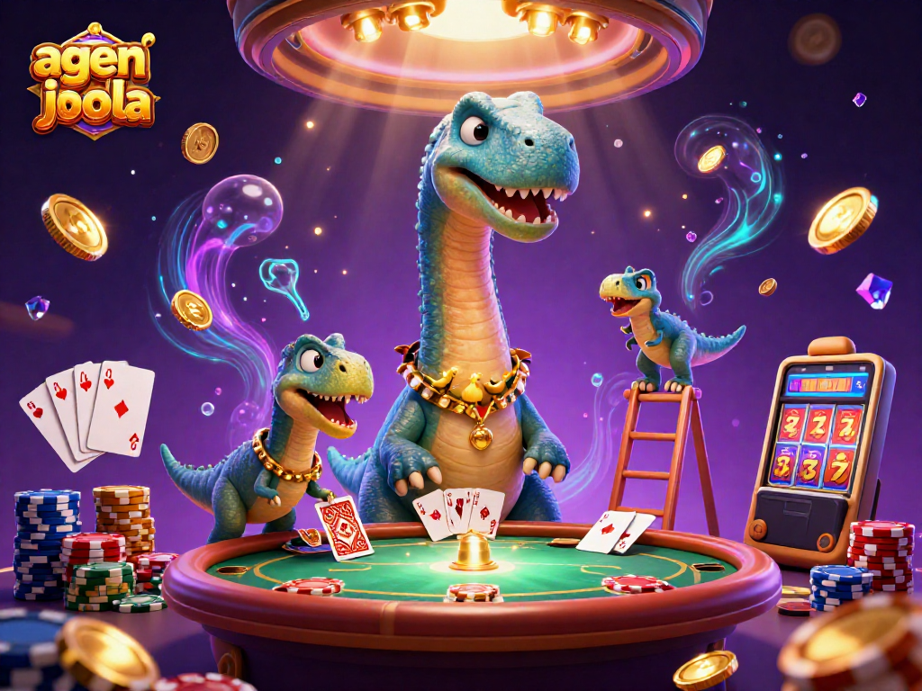 Engage in thrilling betting action with agen judi bola, highlighted by a colossal brontosaurus and vibrant casino elements.