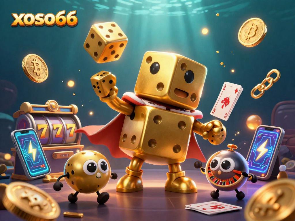 xoso66 showcases a dynamic casino scene with golden dice golem, slot reels, and cryptocurrencies.