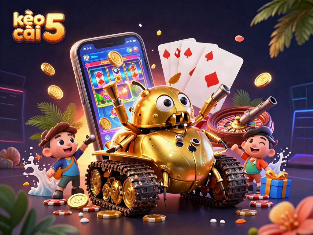Join the excitement of kèo nhà cái 5 with colorful slot games and casino action in this vibrant illustration.