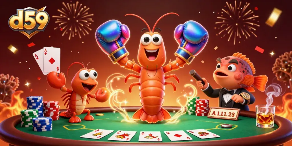 Experience thrilling gameplay with d59's vibrant 3D casino scene featuring poker elements and dynamic characters.