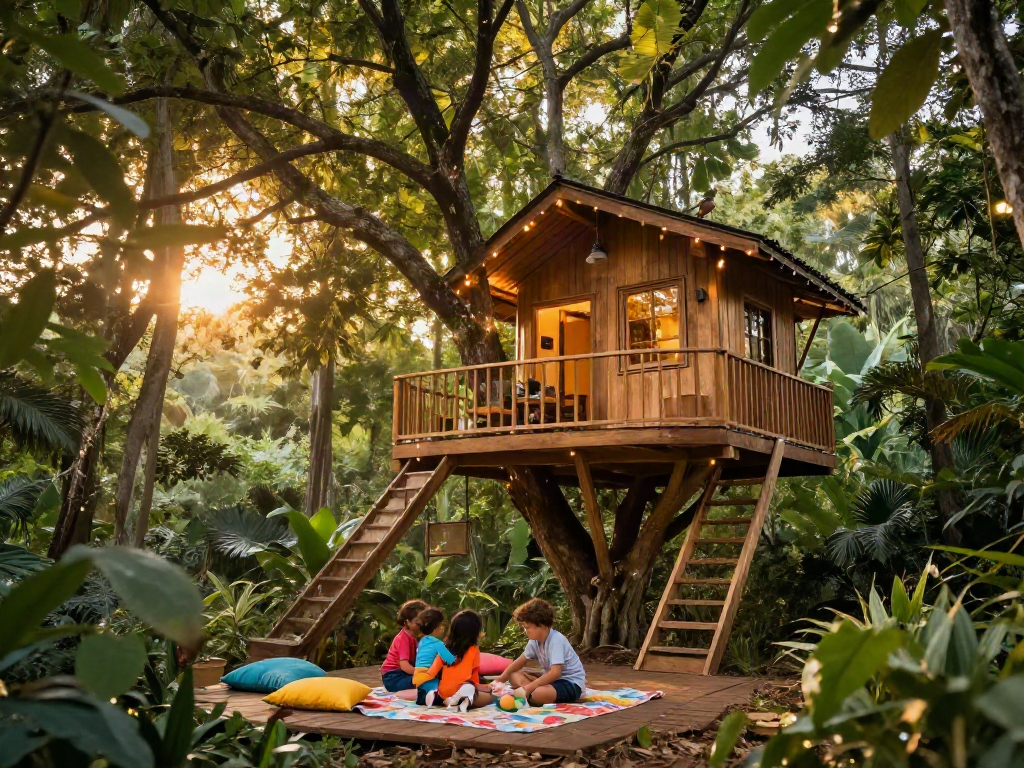 Family enjoying tree house life with a picnic in a lush forest setting.