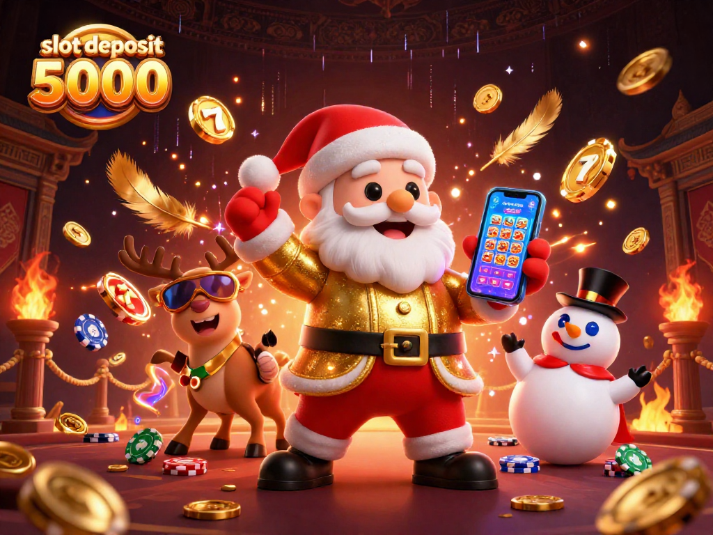 Spin winning reels at slot deposit 5000 with Santa and friends in a festive casino scene.