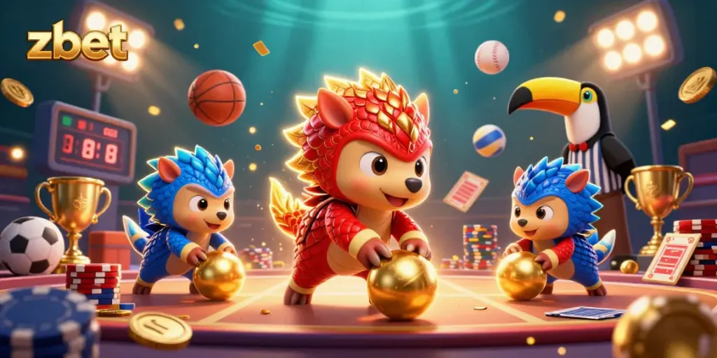 Watch Zbet pangolins compete for golden balls amidst flying sports elements, creating an exhilarating betting scene.