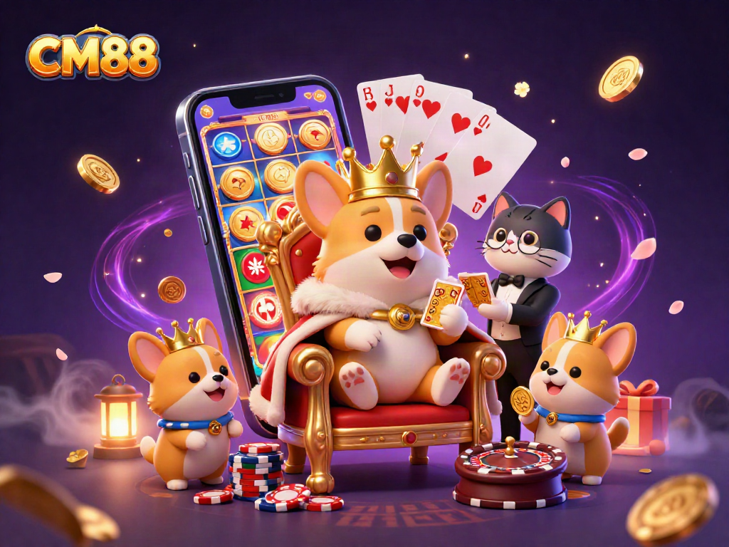 Win big with CM88 through a colorful slot game illustration featuring royal casino elements.