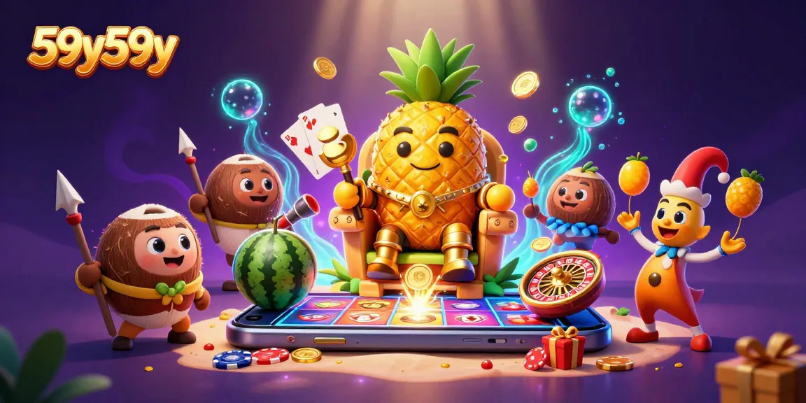 Engage in thrilling gameplay at 59y59y with our cartoon casino characters surrounded by slot games and coins.
