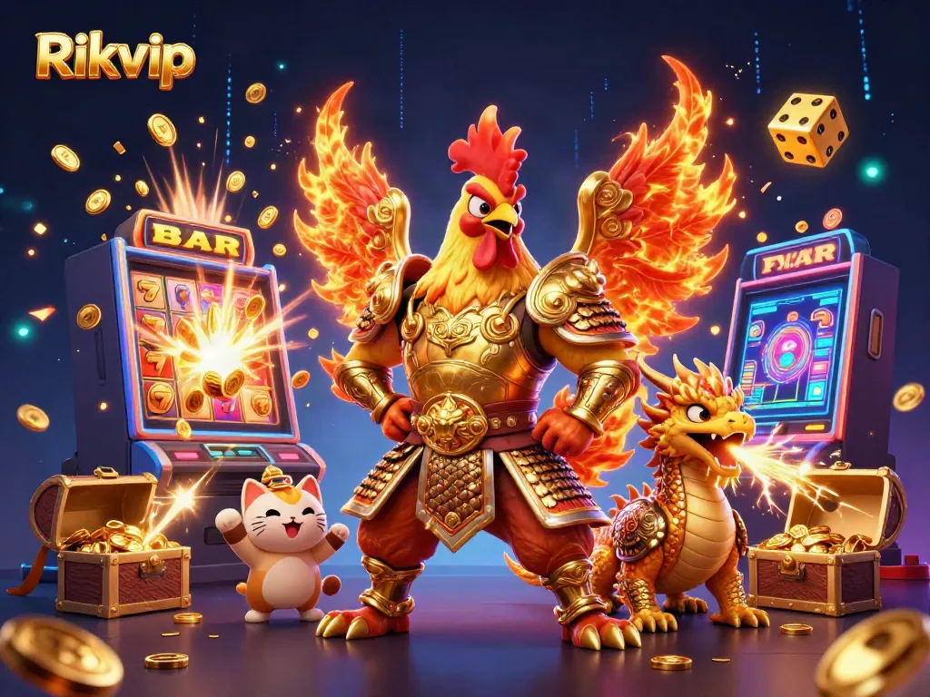 Experience the excitement of Rikvip with a dynamic scene featuring a rooster warrior and dragon, illuminated with gold sparks.