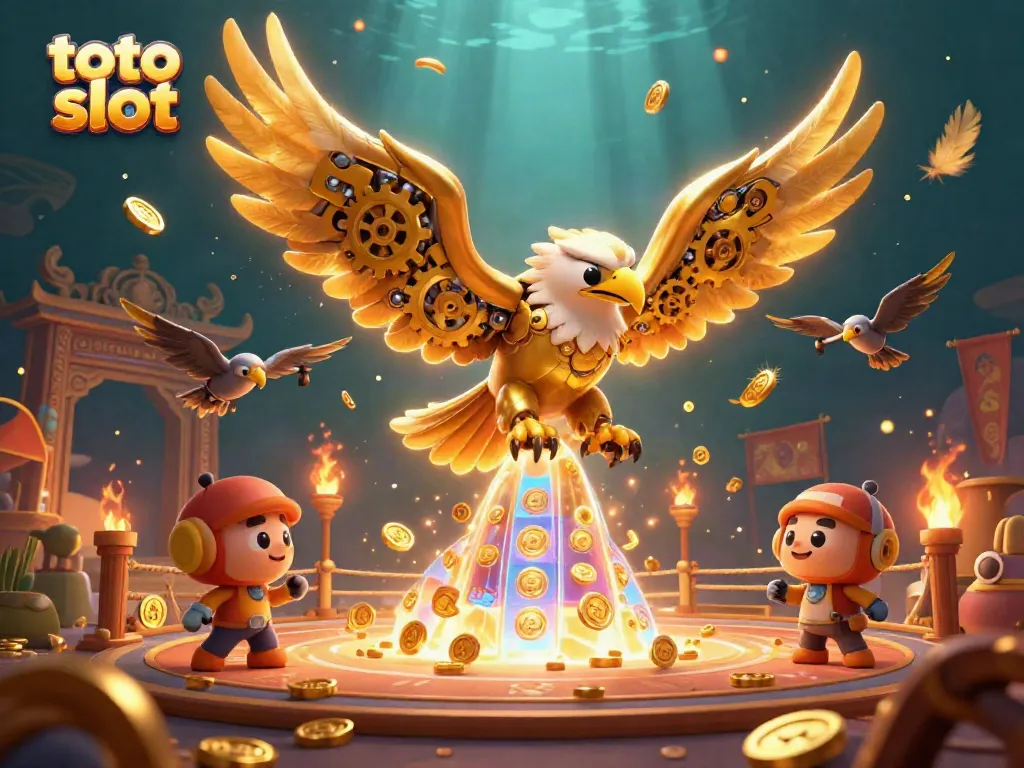 Experience the thrill of toto slot with a golden eagle amidst holographic reels and golden coins.