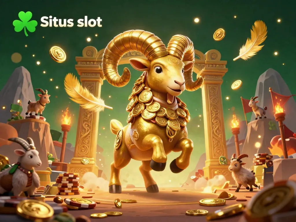 Situs slot engaging 3D illustration featuring a golden ram charging at a golden gate, showcasing gambling elements