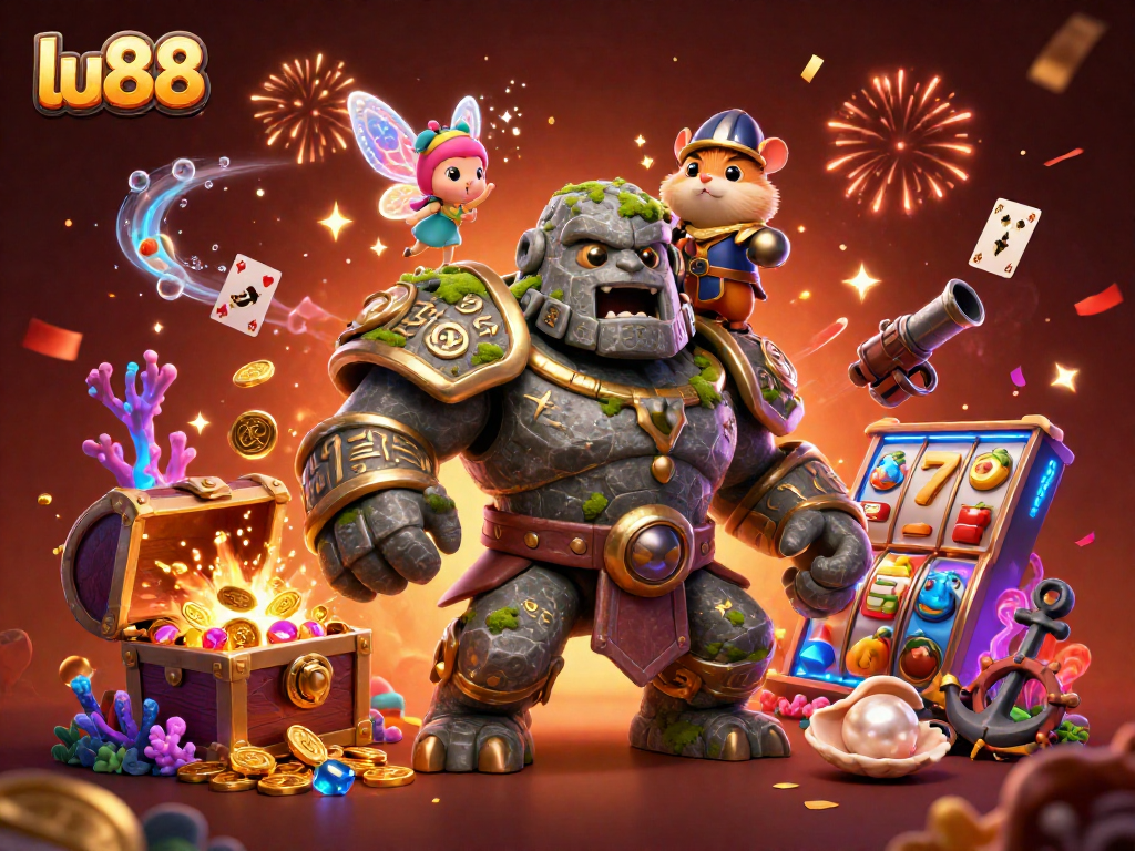 Experience thrilling gaming at lu88 with a vibrant scene filled with magical characters and casino elements.