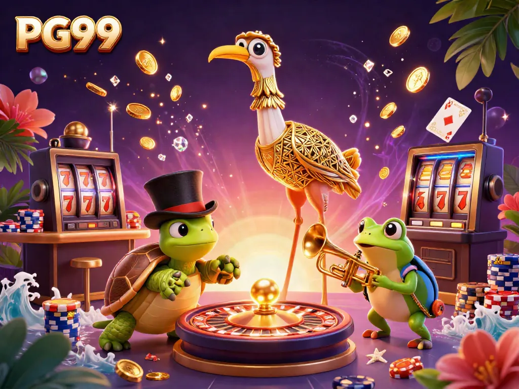 Experience winning thrills at PG99 with lively characters in a dazzling 3D casino scene.