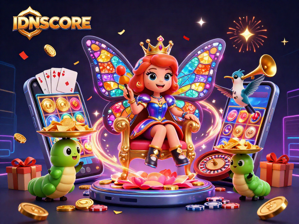 Experience IDNSCORE's vibrant casino energy with a butterfly queen, golden chips, and festive slot games.