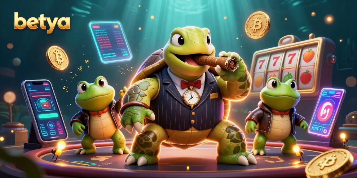 Experience the thrilling atmosphere of betya's casino with vibrant characters and glowing crypto elements.